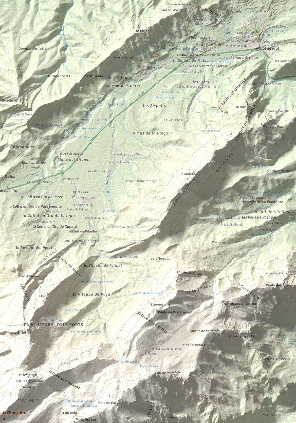 Mapa de relieve de Tossal d'Engrilló, 1072 m, Baix Ebre · Terra Alta, lámina 100 Cims de Trobart. Detalle de la zona superior derecha. 70 × 100 cm.