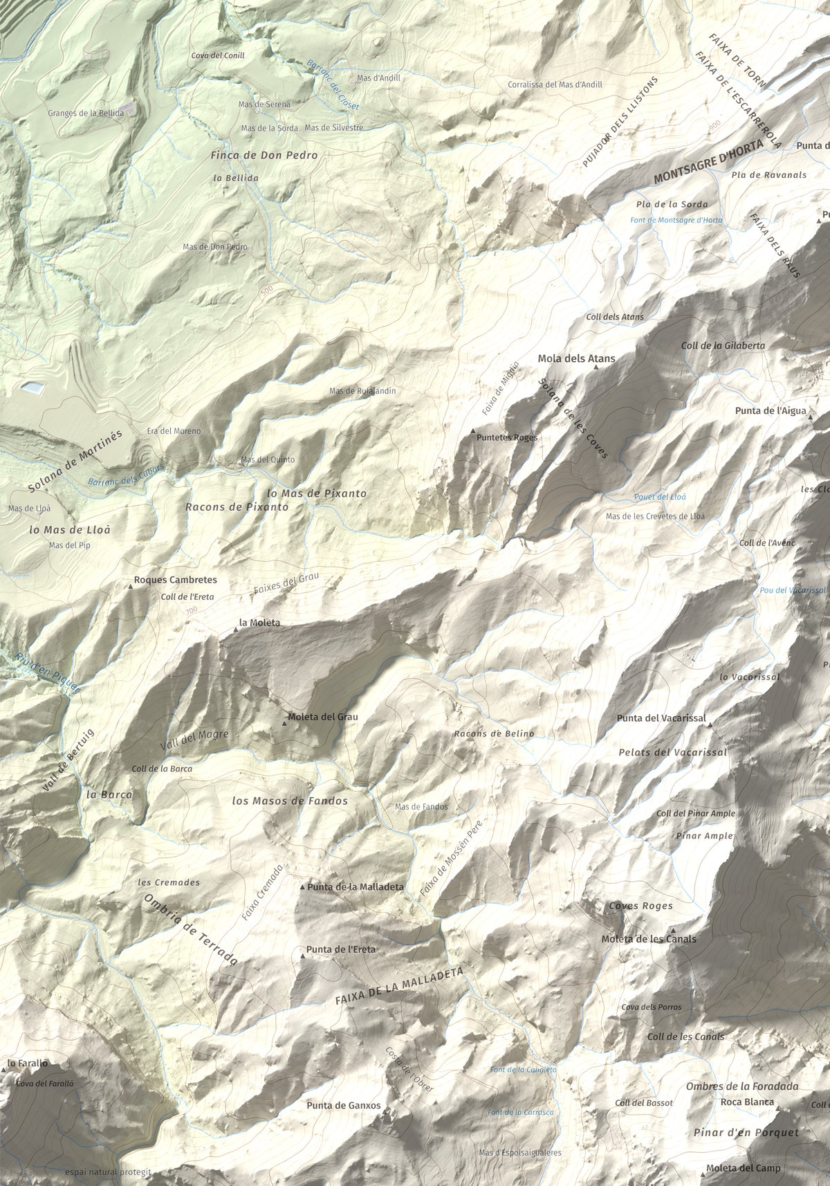 Mapa de relieve de Tossal d'Engrilló, 1072 m, Baix Ebre · Terra Alta, lámina 100 Cims de Trobart. Detalle de la zona inferior izquierda. 70 × 100 cm.
