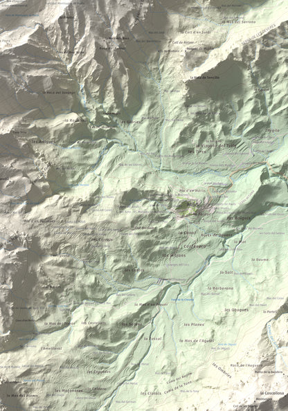 Mapa de relieve de Tossal d'Engrilló, 1072 m, Baix Ebre · Terra Alta, lámina 100 Cims de Trobart. Detalle de la zona inferior derecha. 70 × 100 cm.