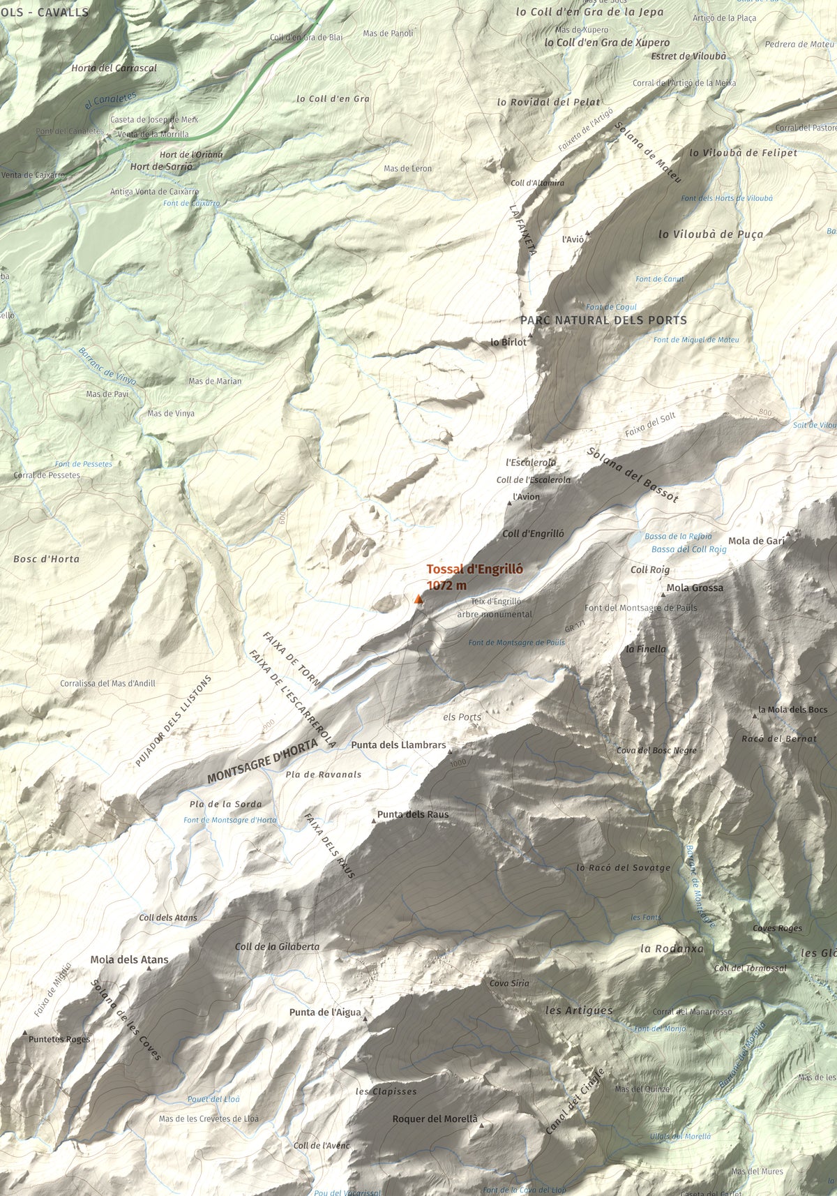 Mapa de relieve de Tossal d'Engrilló, 1072 m, Baix Ebre · Terra Alta, lámina 100 Cims de Trobart. Detalle de la zona central. 70 × 100 cm.