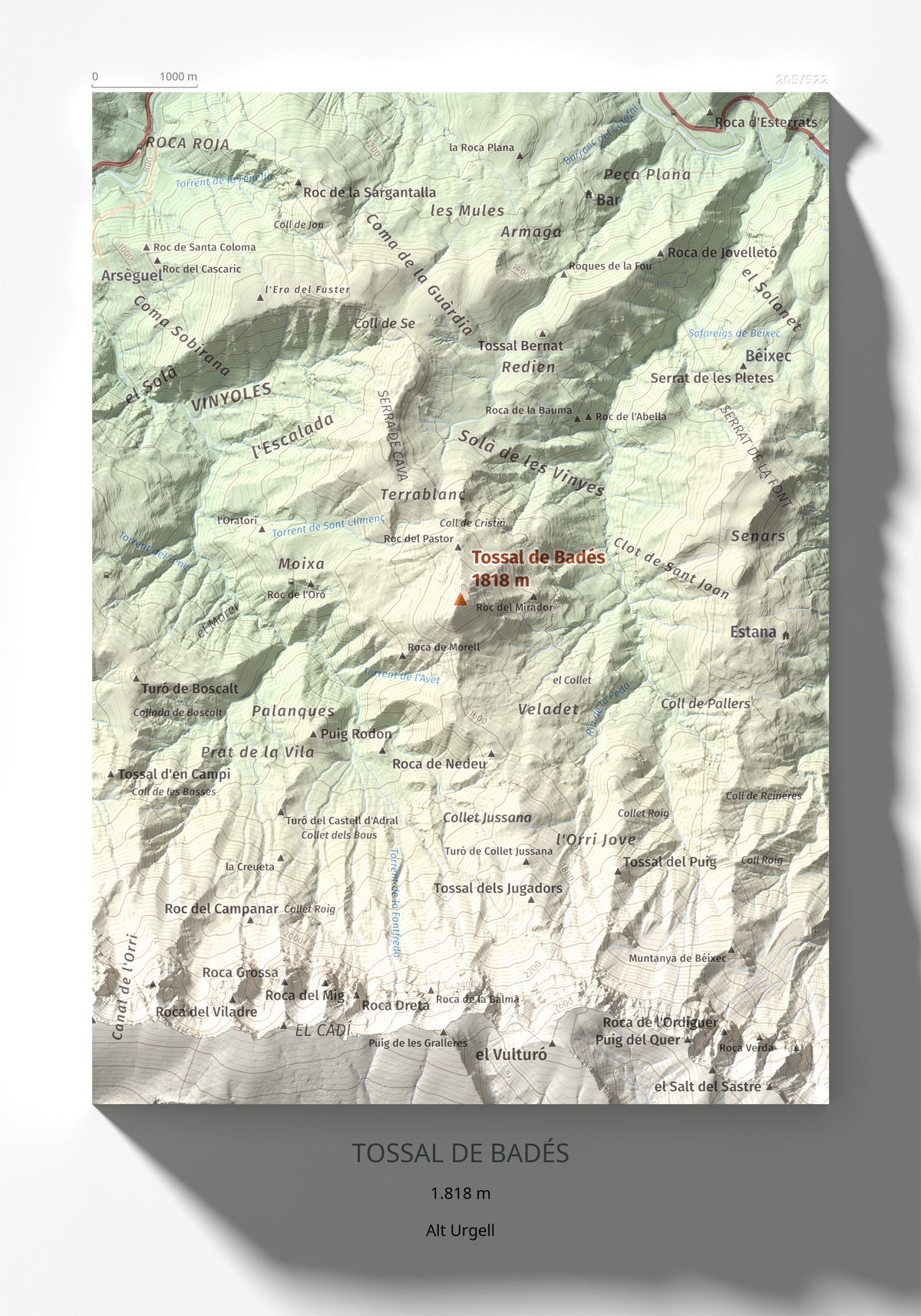 Mapa de relieve de Tossal de Badés, 1818 m, Alt Urgell, lámina 100 Cims de Trobart 21 × 30 cm.