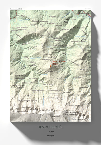 Mapa de relieve de Tossal de Badés, 1818 m, Alt Urgell, lámina 100 Cims de Trobart 21 × 30 cm.