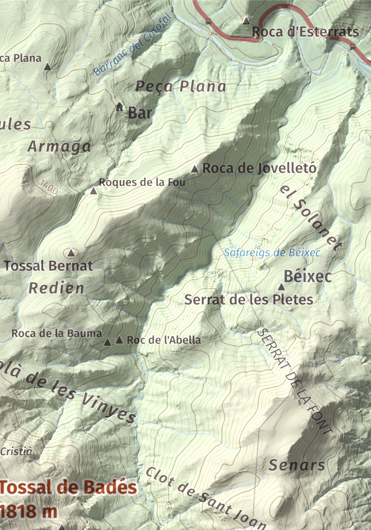 Mapa de relieve de Tossal de Badés, 1818 m, Alt Urgell, lámina 100 Cims de Trobart. Detalle de la zona superior derecha. 21 × 30 cm.