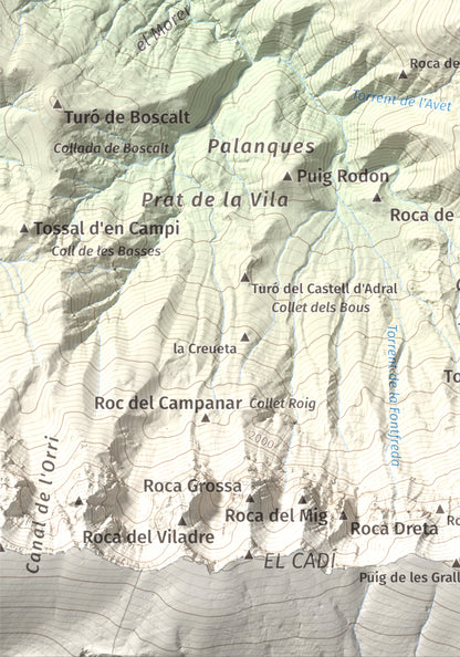 Mapa de relieve de Tossal de Badés, 1818 m, Alt Urgell, lámina 100 Cims de Trobart. Detalle de la zona inferior izquierda. 21 × 30 cm.