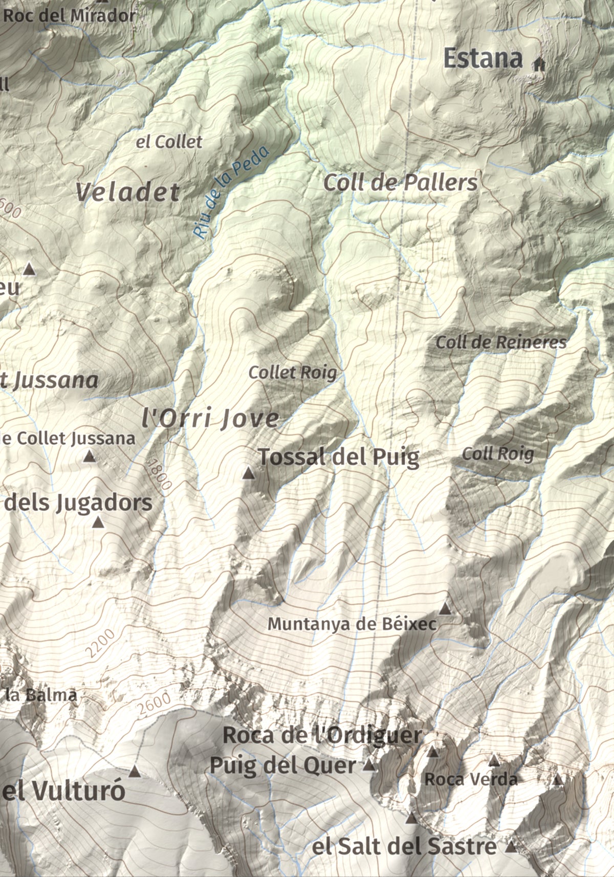 Mapa de relieve de Tossal de Badés, 1818 m, Alt Urgell, lámina 100 Cims de Trobart. Detalle de la zona inferior derecha. 21 × 30 cm.