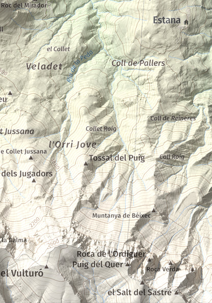 Mapa de relieve de Tossal de Badés, 1818 m, Alt Urgell, lámina 100 Cims de Trobart. Detalle de la zona inferior derecha. 21 × 30 cm.