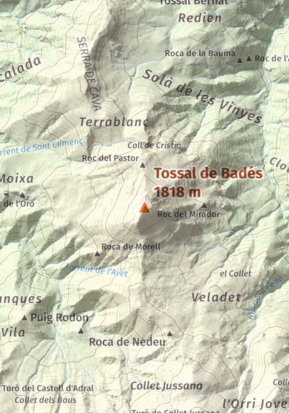 Mapa de relieve de Tossal de Badés, 1818 m, Alt Urgell, lámina 100 Cims de Trobart. Detalle de la zona central. 21 × 30 cm.