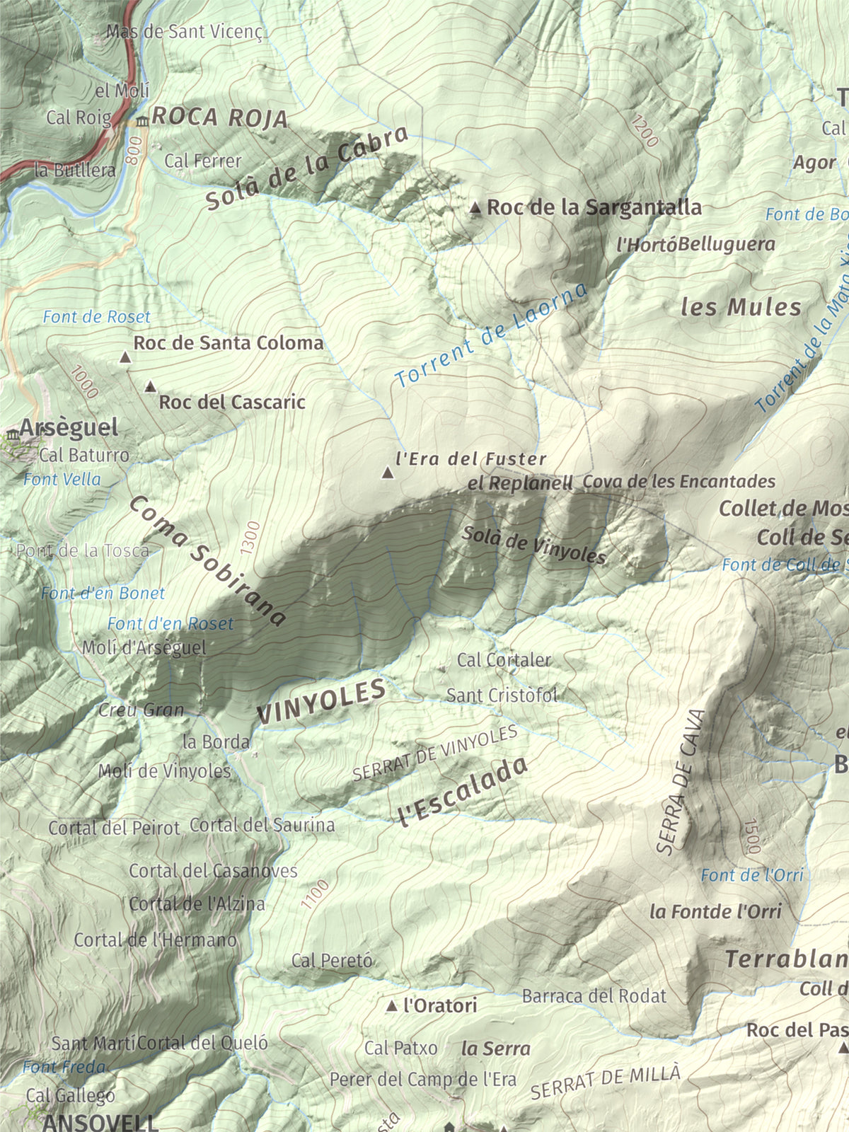 Mapa de relieve de Tossal de Badés, 1818 m, Alt Urgell, lámina 100 Cims de Trobart. Detalle de la zona superior izquierda. 30 × 40 cm.