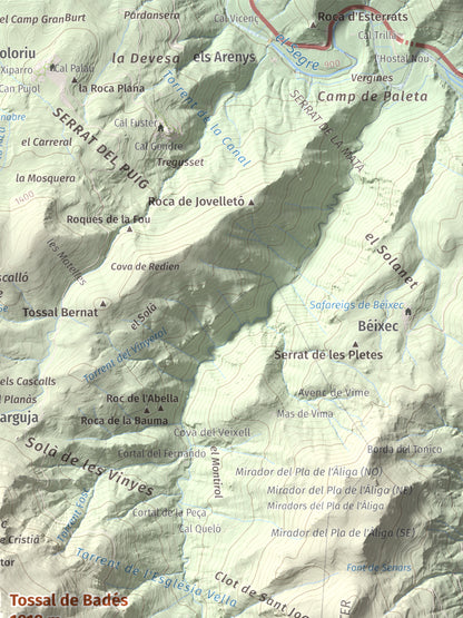 Mapa de relieve de Tossal de Badés, 1818 m, Alt Urgell, lámina 100 Cims de Trobart. Detalle de la zona superior derecha. 30 × 40 cm.