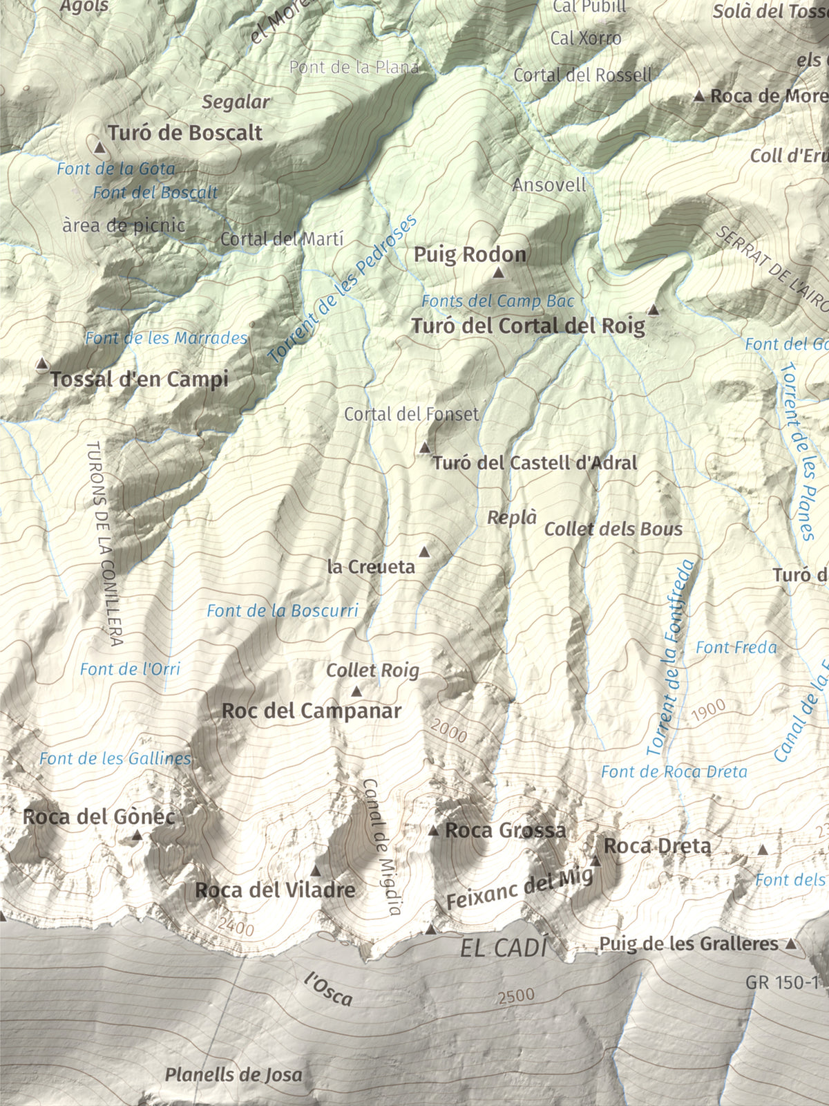 Mapa de relieve de Tossal de Badés, 1818 m, Alt Urgell, lámina 100 Cims de Trobart. Detalle de la zona inferior izquierda. 30 × 40 cm.