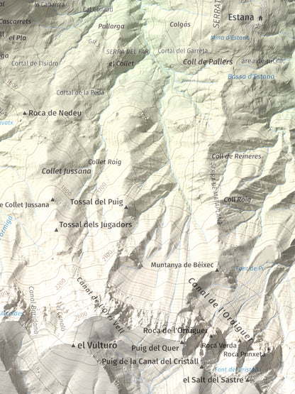 Mapa de relieve de Tossal de Badés, 1818 m, Alt Urgell, lámina 100 Cims de Trobart. Detalle de la zona inferior derecha. 30 × 40 cm.