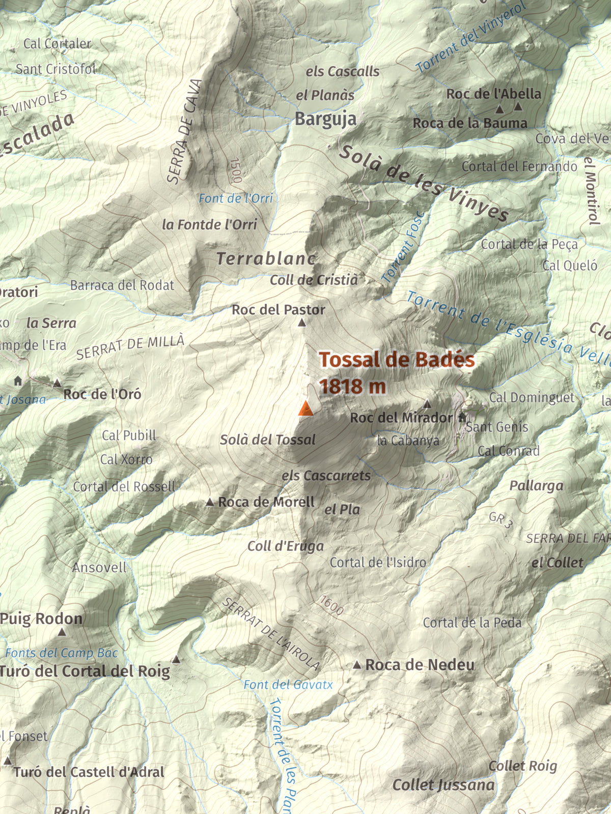 Mapa de relieve de Tossal de Badés, 1818 m, Alt Urgell, lámina 100 Cims de Trobart. Detalle de la zona central. 30 × 40 cm.