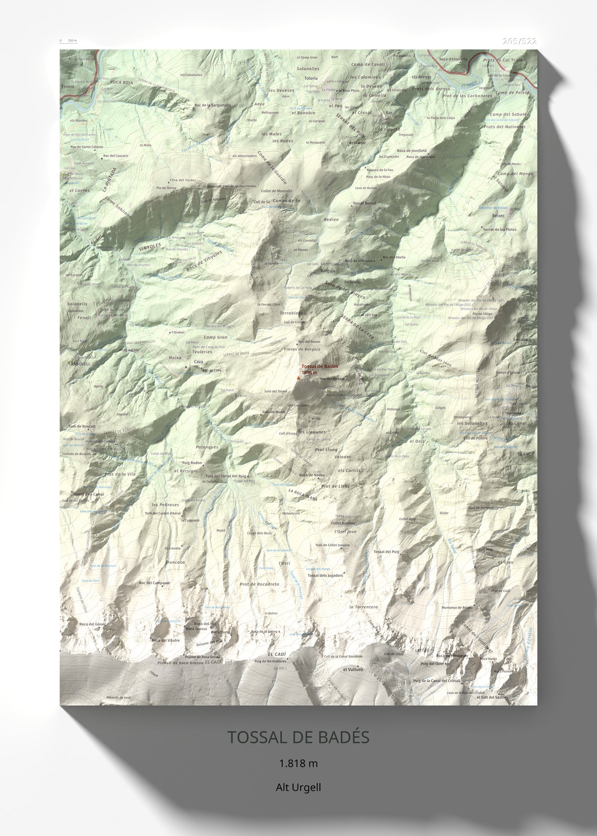 Mapa de relieve de Tossal de Badés, 1818 m, Alt Urgell, lámina 100 Cims de Trobart 50 × 70 cm.