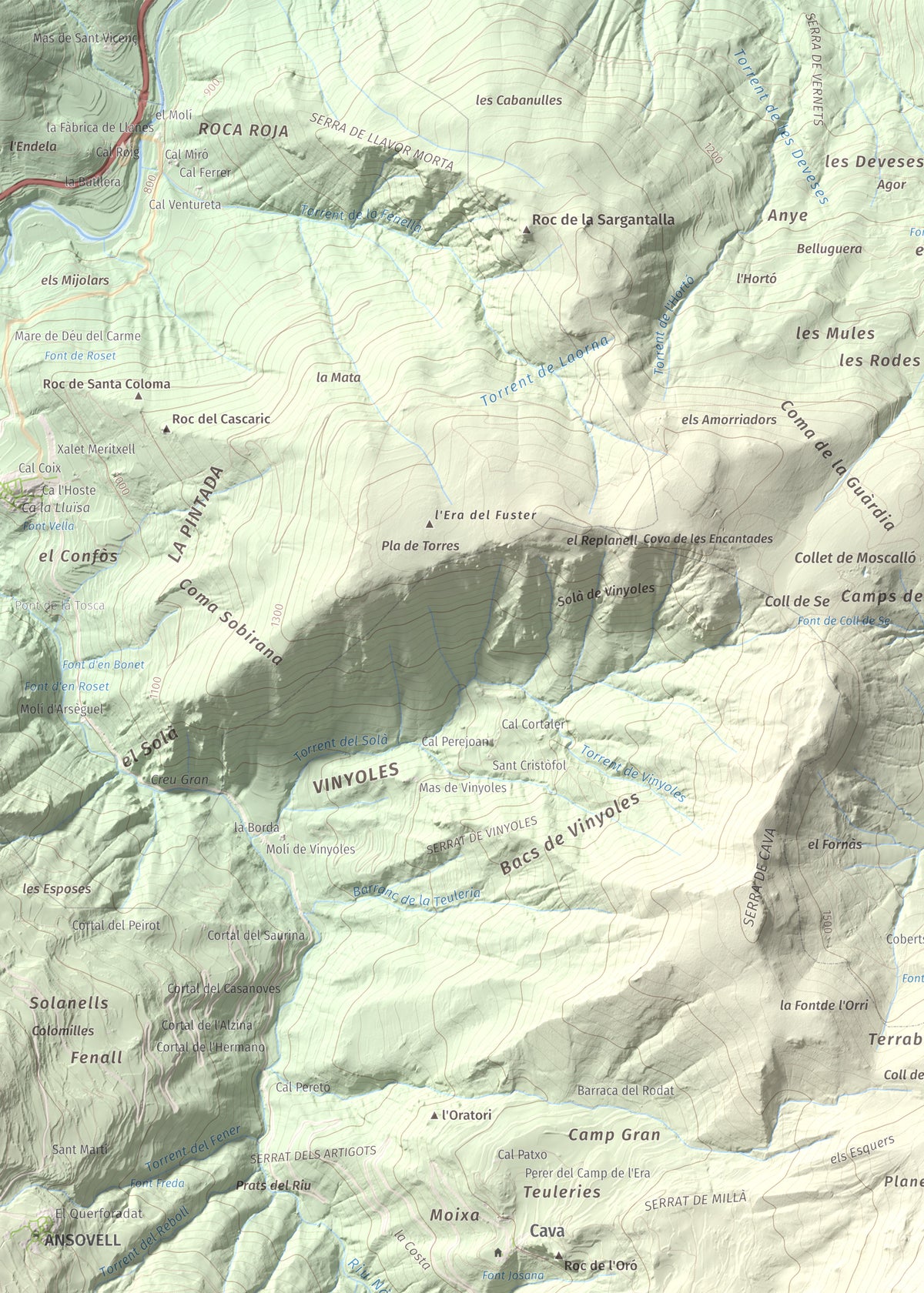 Mapa de relieve de Tossal de Badés, 1818 m, Alt Urgell, lámina 100 Cims de Trobart. Detalle de la zona superior izquierda. 50 × 70 cm.
