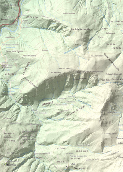 Mapa de relieve de Tossal de Badés, 1818 m, Alt Urgell, lámina 100 Cims de Trobart. Detalle de la zona superior izquierda. 50 × 70 cm.