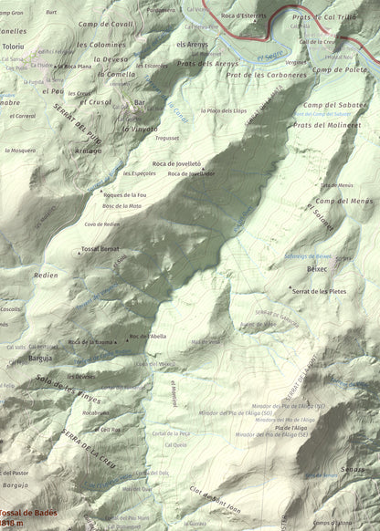 Mapa de relieve de Tossal de Badés, 1818 m, Alt Urgell, lámina 100 Cims de Trobart. Detalle de la zona superior derecha. 50 × 70 cm.
