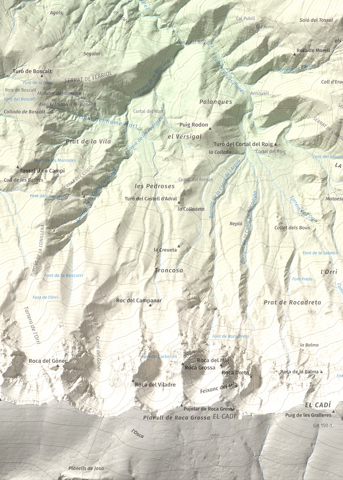 Mapa de relieve de Tossal de Badés, 1818 m, Alt Urgell, lámina 100 Cims de Trobart. Detalle de la zona inferior izquierda. 50 × 70 cm.