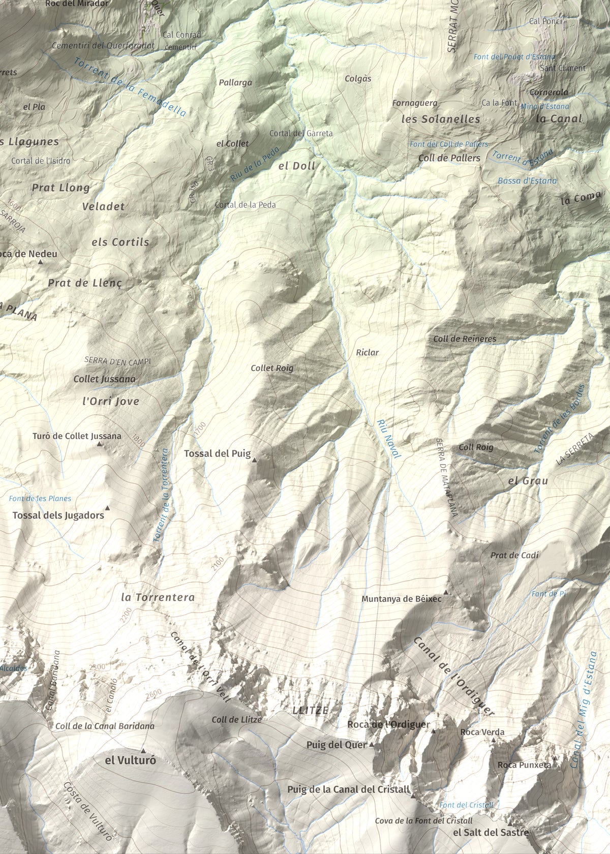 Mapa de relieve de Tossal de Badés, 1818 m, Alt Urgell, lámina 100 Cims de Trobart. Detalle de la zona inferior derecha. 50 × 70 cm.