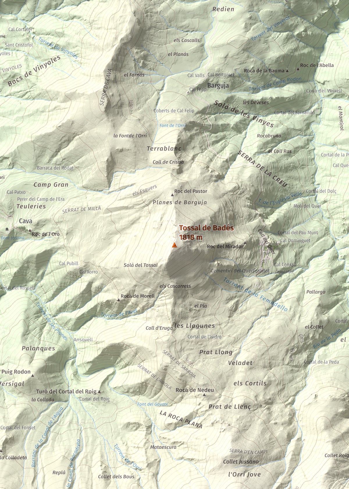 Mapa de relieve de Tossal de Badés, 1818 m, Alt Urgell, lámina 100 Cims de Trobart. Detalle de la zona central. 50 × 70 cm.