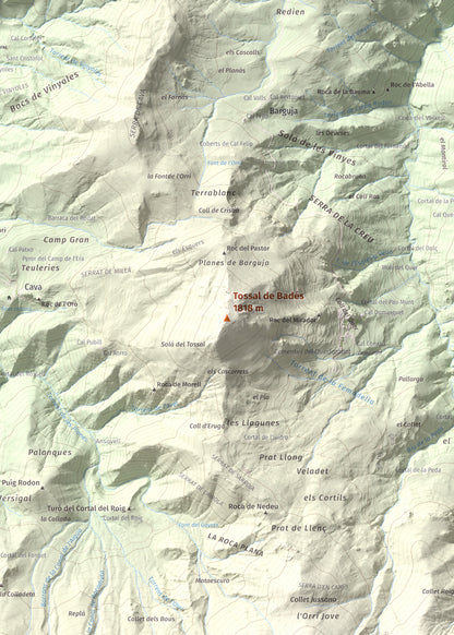Mapa de relieve de Tossal de Badés, 1818 m, Alt Urgell, lámina 100 Cims de Trobart. Detalle de la zona central. 50 × 70 cm.