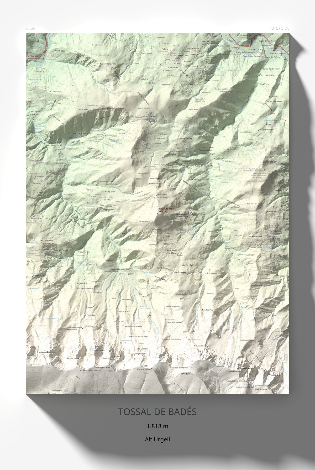 Mapa de relieve de Tossal de Badés, 1818 m, Alt Urgell, lámina 100 Cims de Trobart 61 × 91 cm.