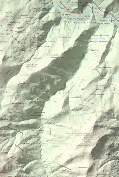 Mapa de relieve de Tossal de Badés, 1818 m, Alt Urgell, lámina 100 Cims de Trobart. Detalle de la zona superior derecha. 61 × 91 cm.