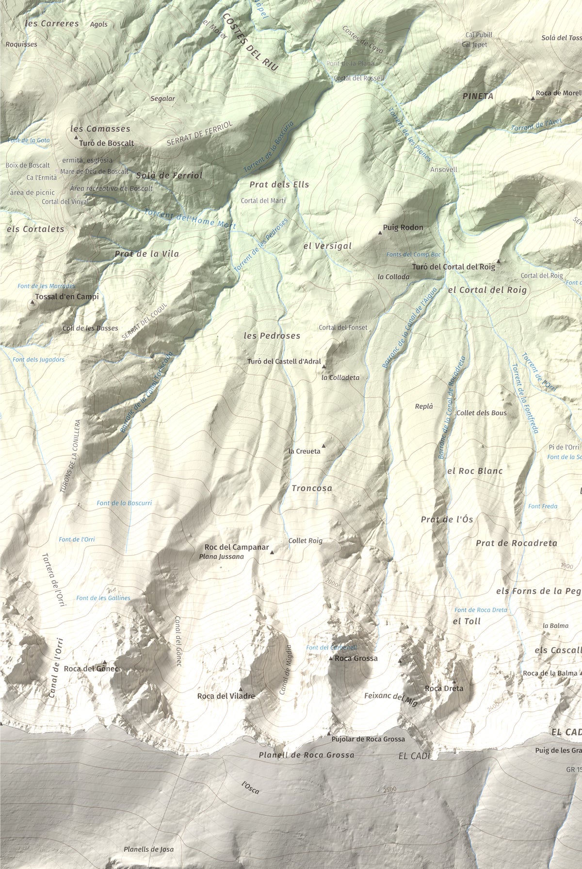 Mapa de relieve de Tossal de Badés, 1818 m, Alt Urgell, lámina 100 Cims de Trobart. Detalle de la zona inferior izquierda. 61 × 91 cm.