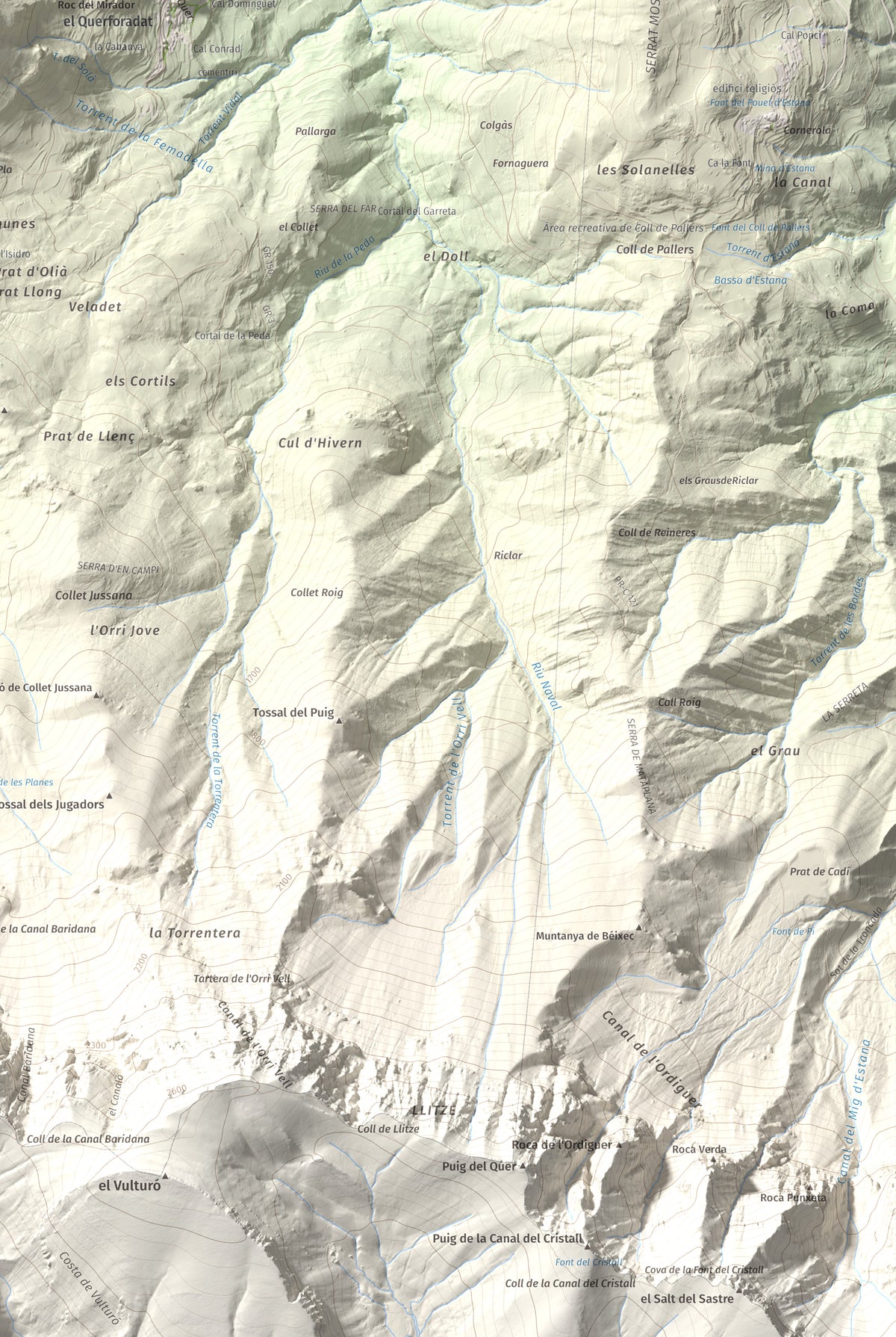 Mapa de relieve de Tossal de Badés, 1818 m, Alt Urgell, lámina 100 Cims de Trobart. Detalle de la zona inferior derecha. 61 × 91 cm.