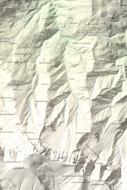 Mapa de relieve de Tossal de Badés, 1818 m, Alt Urgell, lámina 100 Cims de Trobart. Detalle de la zona inferior derecha. 61 × 91 cm.
