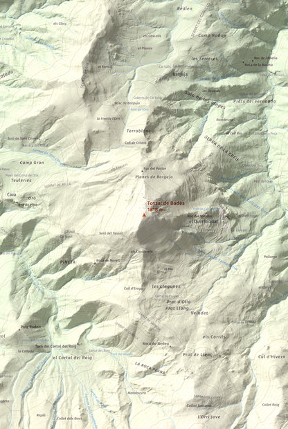 Mapa de relieve de Tossal de Badés, 1818 m, Alt Urgell, lámina 100 Cims de Trobart. Detalle de la zona central. 61 × 91 cm.