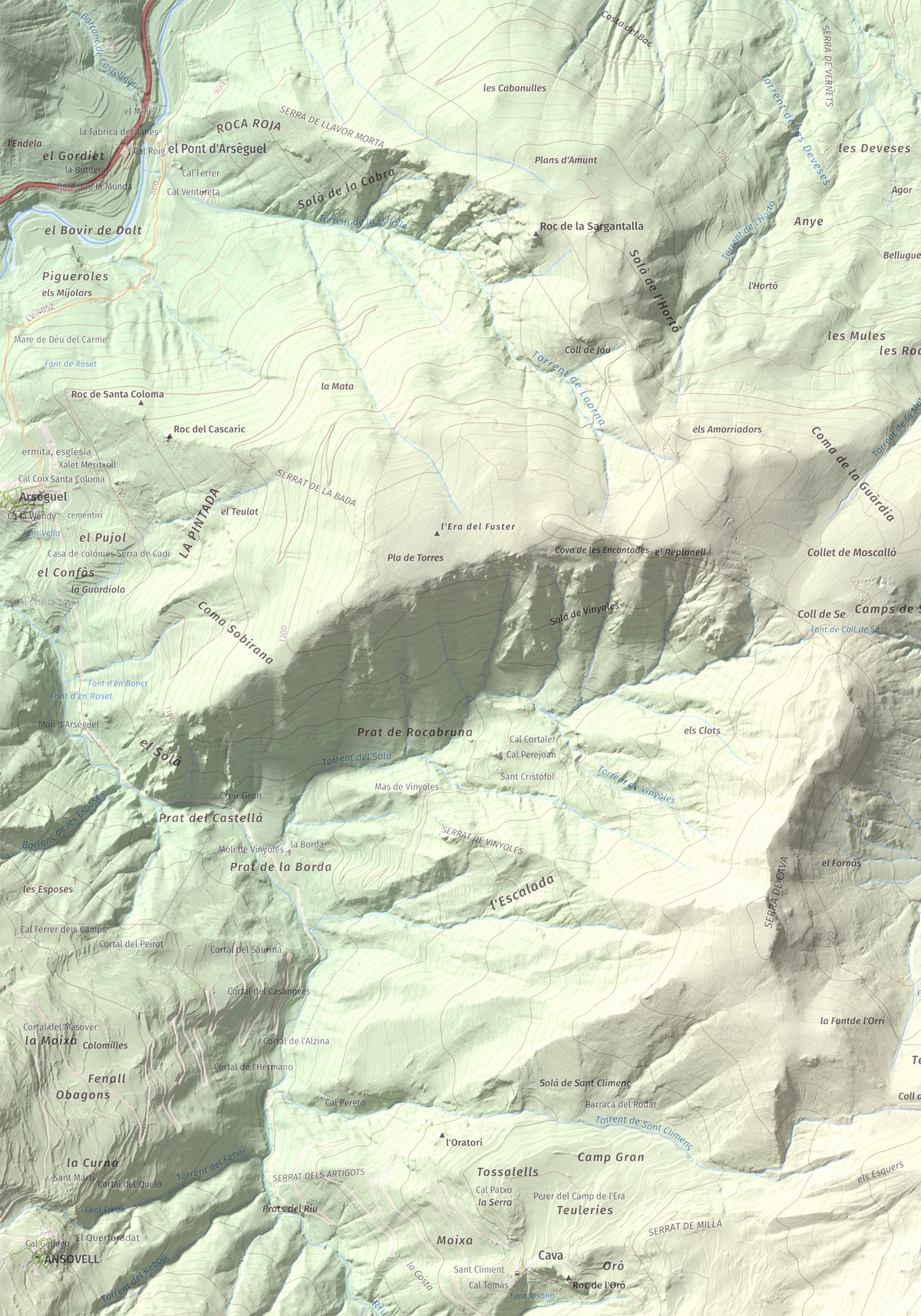 Mapa de relieve de Tossal de Badés, 1818 m, Alt Urgell, lámina 100 Cims de Trobart. Detalle de la zona superior izquierda. 70 × 100 cm.