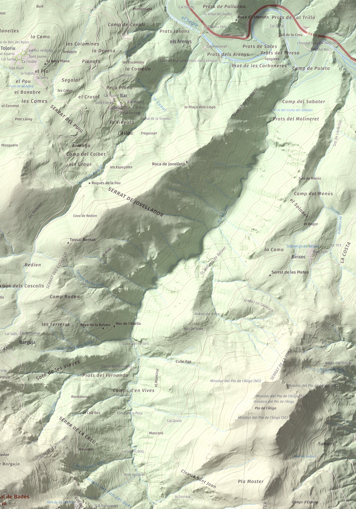 Mapa de relieve de Tossal de Badés, 1818 m, Alt Urgell, lámina 100 Cims de Trobart. Detalle de la zona superior derecha. 70 × 100 cm.