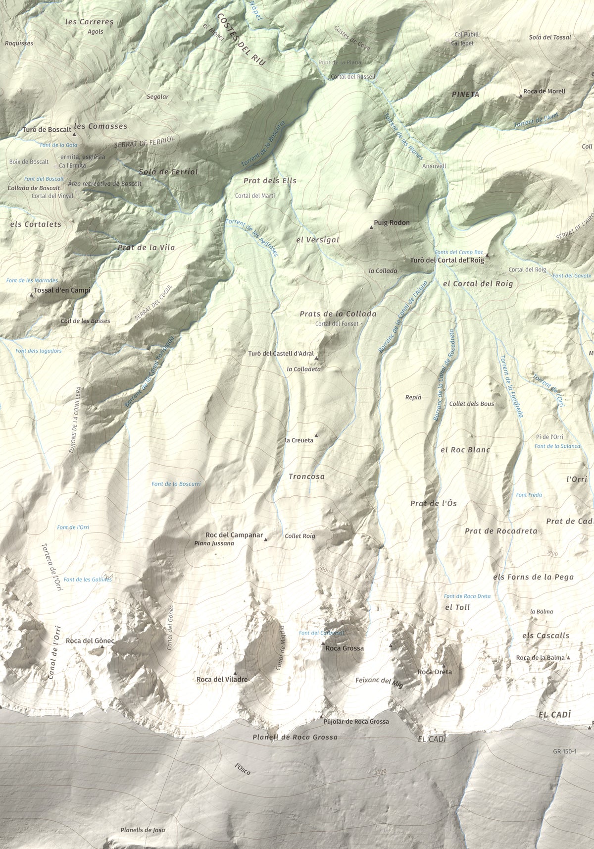 Mapa de relieve de Tossal de Badés, 1818 m, Alt Urgell, lámina 100 Cims de Trobart. Detalle de la zona inferior izquierda. 70 × 100 cm.