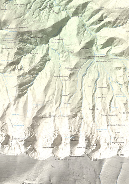 Mapa de relieve de Tossal de Badés, 1818 m, Alt Urgell, lámina 100 Cims de Trobart. Detalle de la zona inferior izquierda. 70 × 100 cm.