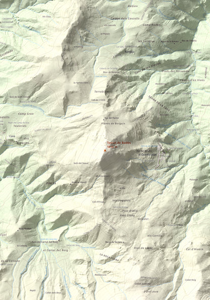 Mapa de relieve de Tossal de Badés, 1818 m, Alt Urgell, lámina 100 Cims de Trobart. Detalle de la zona central. 70 × 100 cm.