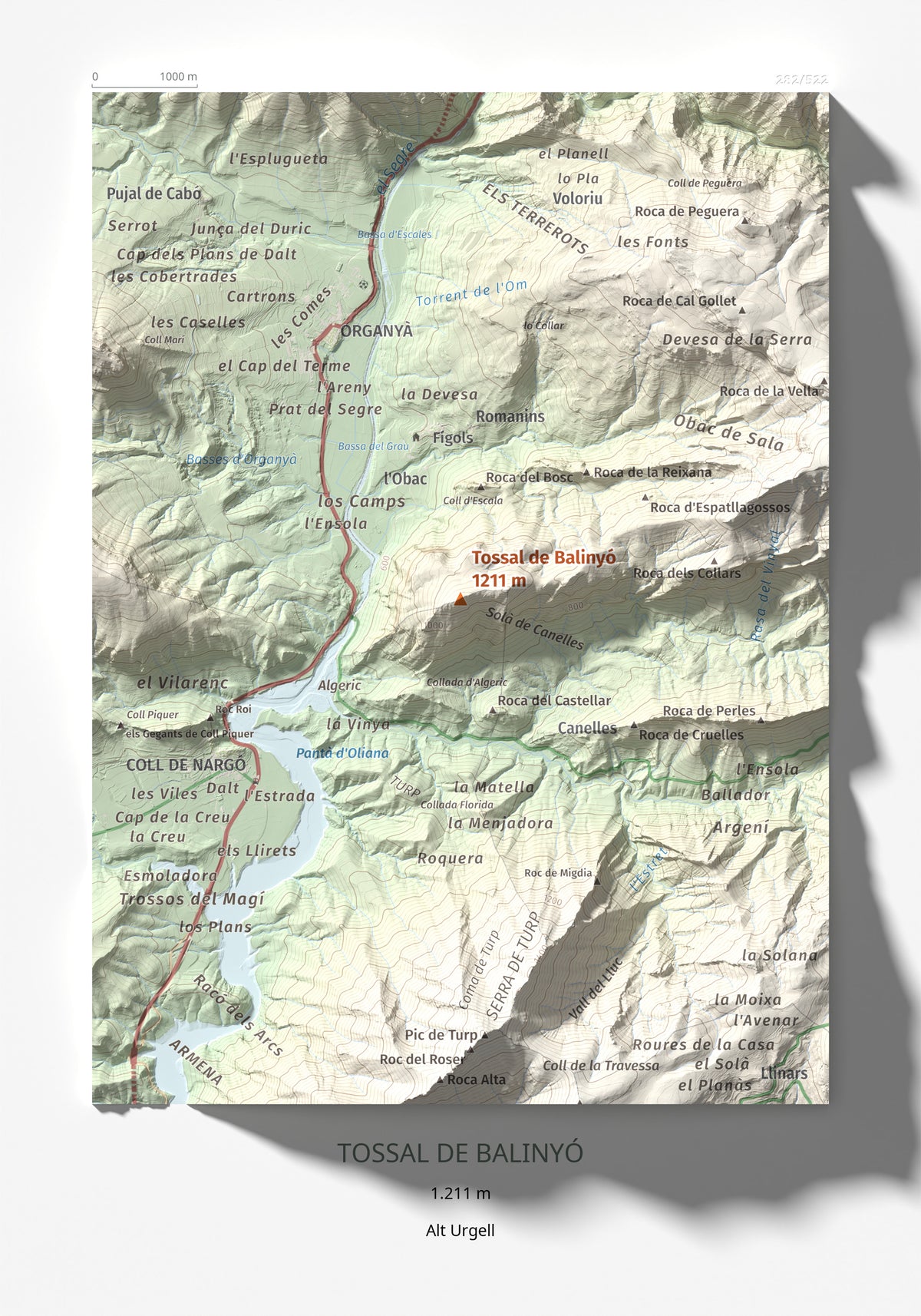 Mapa de relieve de Tossal de Balinyó, 1211 m, Alt Urgell, lámina 100 Cims de Trobart 21 × 30 cm.