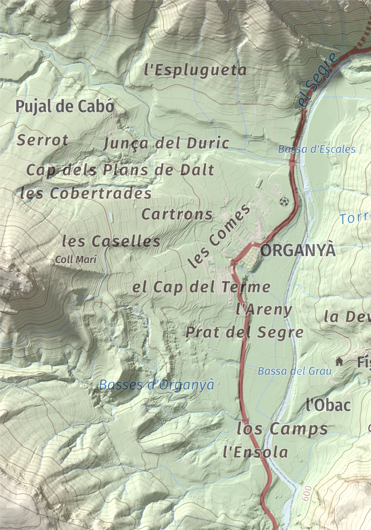 Mapa de relieve de Tossal de Balinyó, 1211 m, Alt Urgell, lámina 100 Cims de Trobart. Detalle de la zona superior izquierda. 21 × 30 cm.