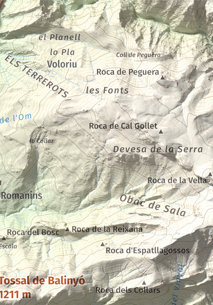 Mapa de relieve de Tossal de Balinyó, 1211 m, Alt Urgell, lámina 100 Cims de Trobart. Detalle de la zona superior derecha. 21 × 30 cm.