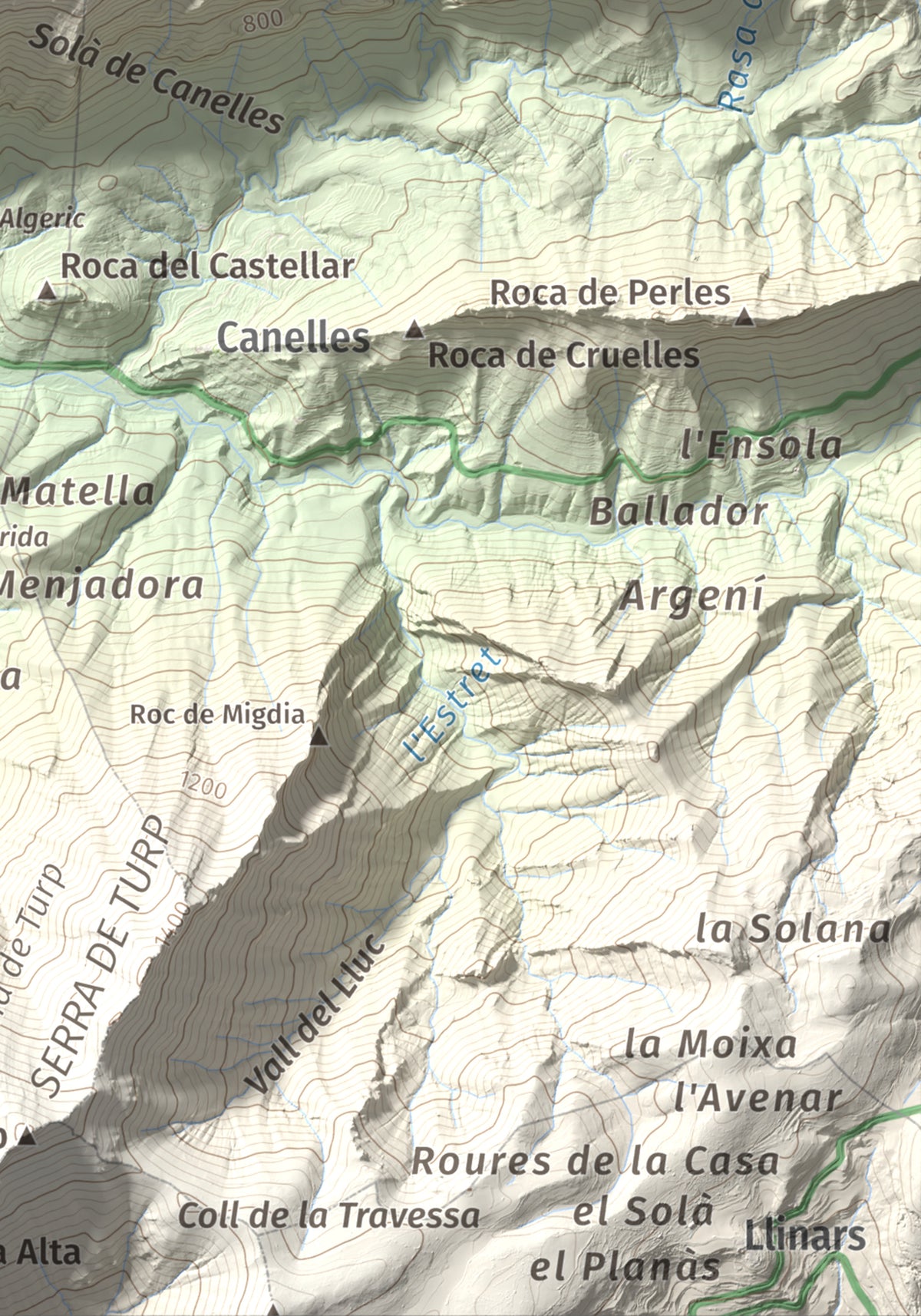 Mapa de relieve de Tossal de Balinyó, 1211 m, Alt Urgell, lámina 100 Cims de Trobart. Detalle de la zona inferior derecha. 21 × 30 cm.