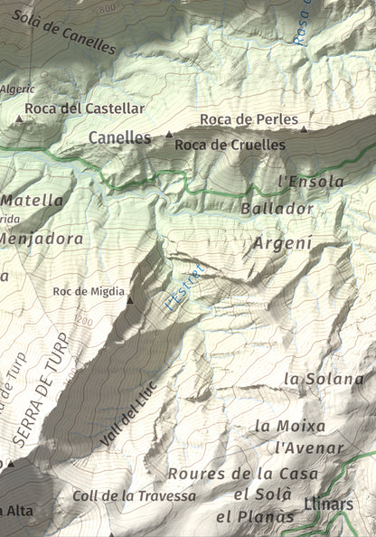 Mapa de relieve de Tossal de Balinyó, 1211 m, Alt Urgell, lámina 100 Cims de Trobart. Detalle de la zona inferior derecha. 21 × 30 cm.