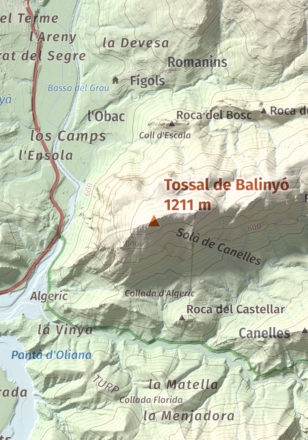 Mapa de relieve de Tossal de Balinyó, 1211 m, Alt Urgell, lámina 100 Cims de Trobart. Detalle de la zona central. 21 × 30 cm.