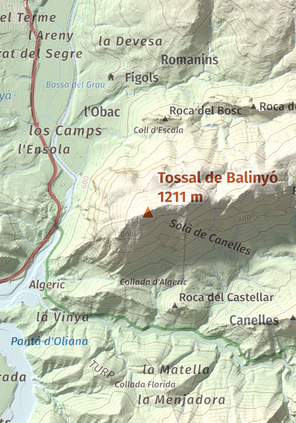 Mapa de relieve de Tossal de Balinyó, 1211 m, Alt Urgell, lámina 100 Cims de Trobart. Detalle de la zona central. 21 × 30 cm.