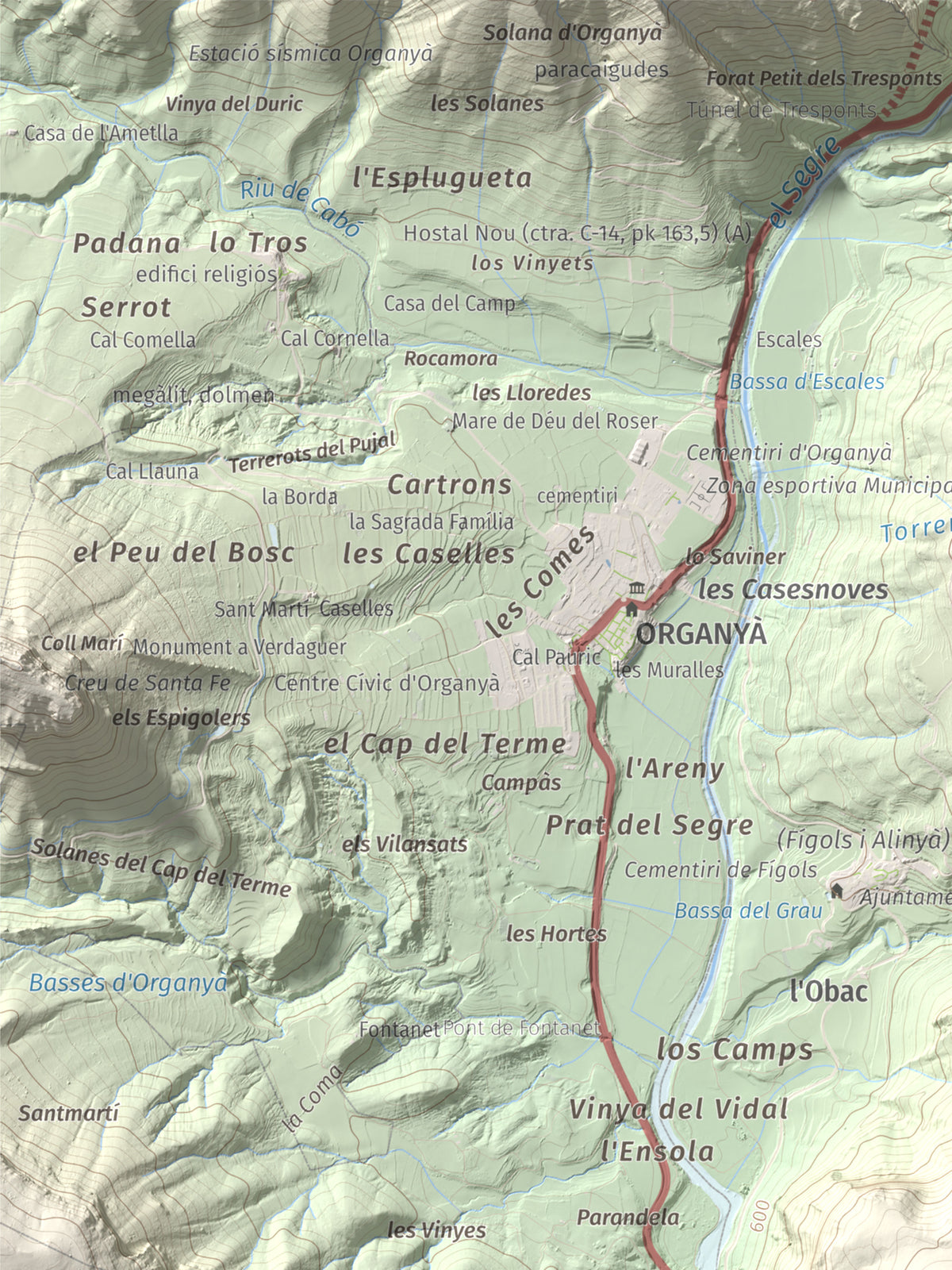 Mapa de relieve de Tossal de Balinyó, 1211 m, Alt Urgell, lámina 100 Cims de Trobart. Detalle de la zona superior izquierda. 30 × 40 cm.