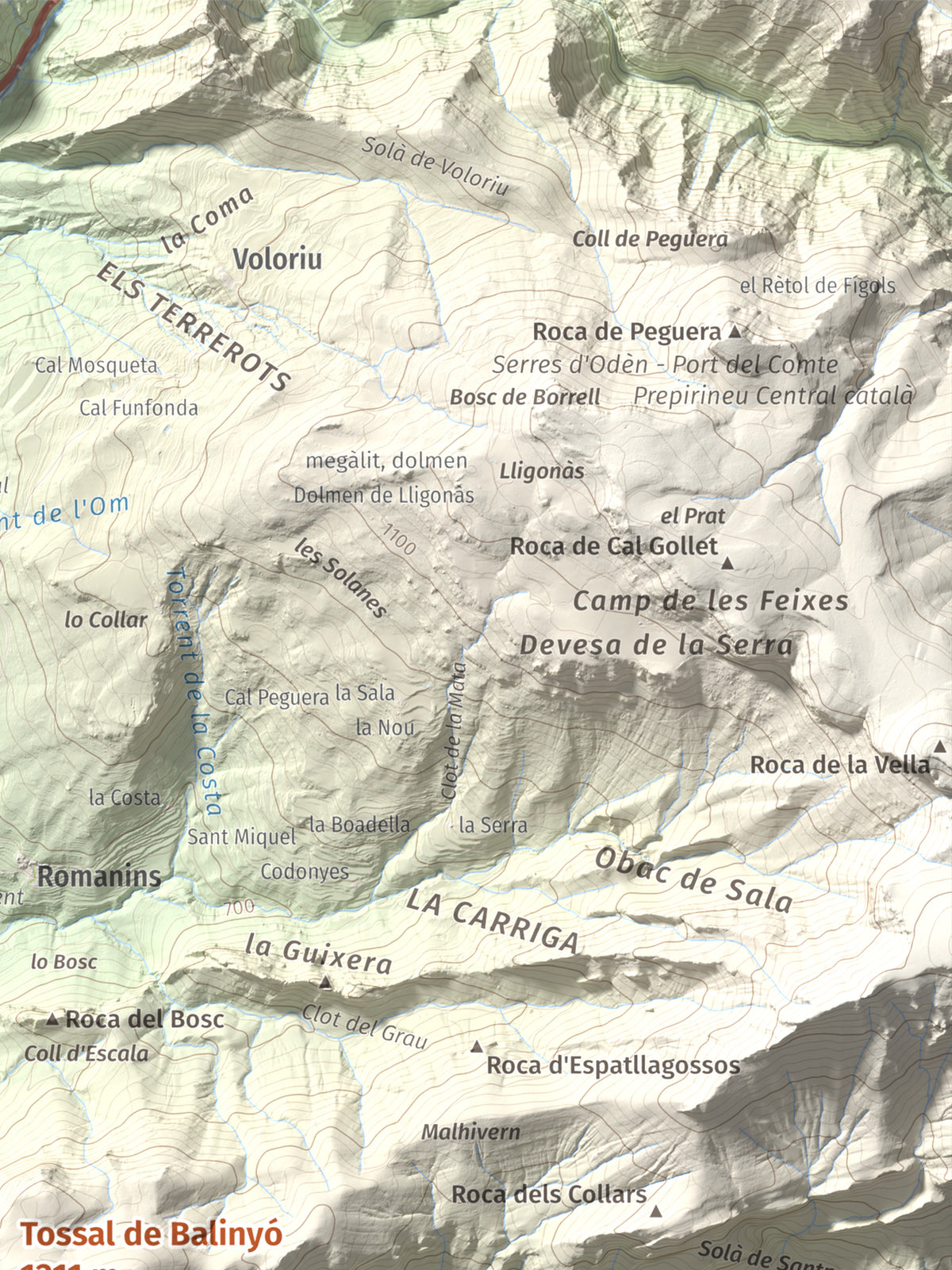 Mapa de relieve de Tossal de Balinyó, 1211 m, Alt Urgell, lámina 100 Cims de Trobart. Detalle de la zona superior derecha. 30 × 40 cm.