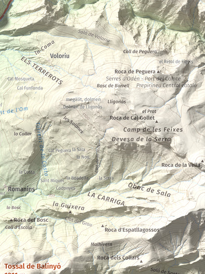 Mapa de relieve de Tossal de Balinyó, 1211 m, Alt Urgell, lámina 100 Cims de Trobart. Detalle de la zona superior derecha. 30 × 40 cm.