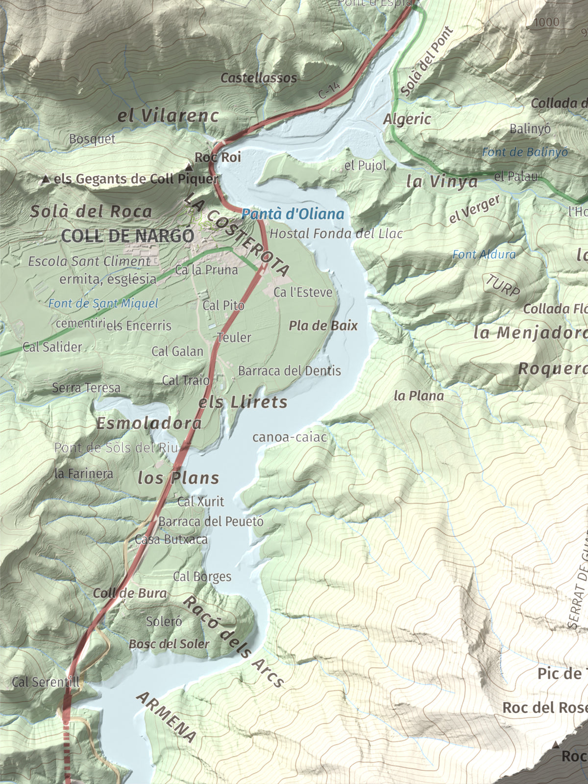 Mapa de relieve de Tossal de Balinyó, 1211 m, Alt Urgell, lámina 100 Cims de Trobart. Detalle de la zona inferior izquierda. 30 × 40 cm.