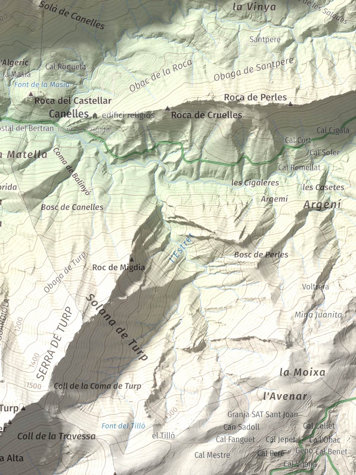 Mapa de relieve de Tossal de Balinyó, 1211 m, Alt Urgell, lámina 100 Cims de Trobart. Detalle de la zona inferior derecha. 30 × 40 cm.