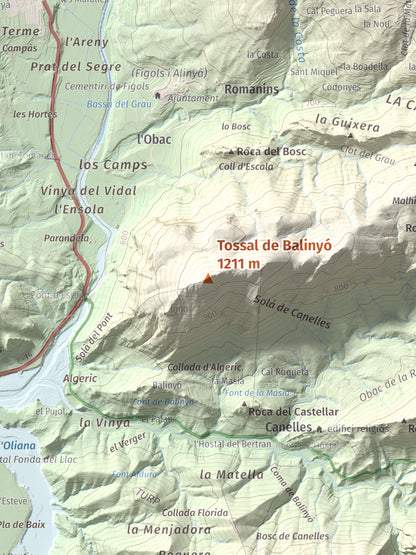 Mapa de relieve de Tossal de Balinyó, 1211 m, Alt Urgell, lámina 100 Cims de Trobart. Detalle de la zona central. 30 × 40 cm.