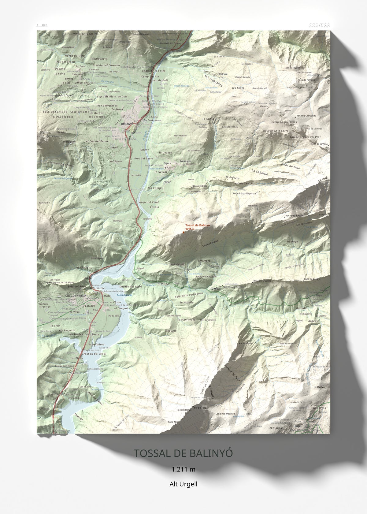Mapa de relieve de Tossal de Balinyó, 1211 m, Alt Urgell, lámina 100 Cims de Trobart 50 × 70 cm.