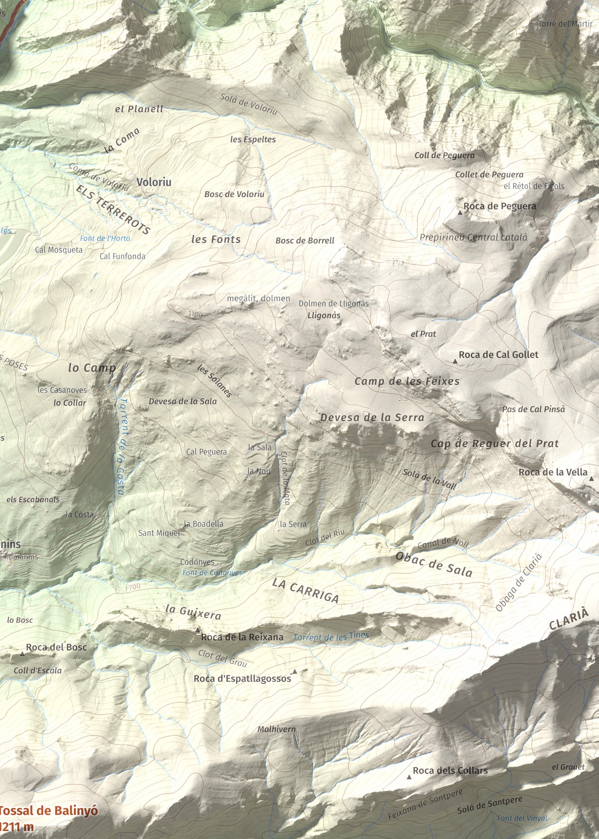 Mapa de relieve de Tossal de Balinyó, 1211 m, Alt Urgell, lámina 100 Cims de Trobart. Detalle de la zona superior derecha. 50 × 70 cm.